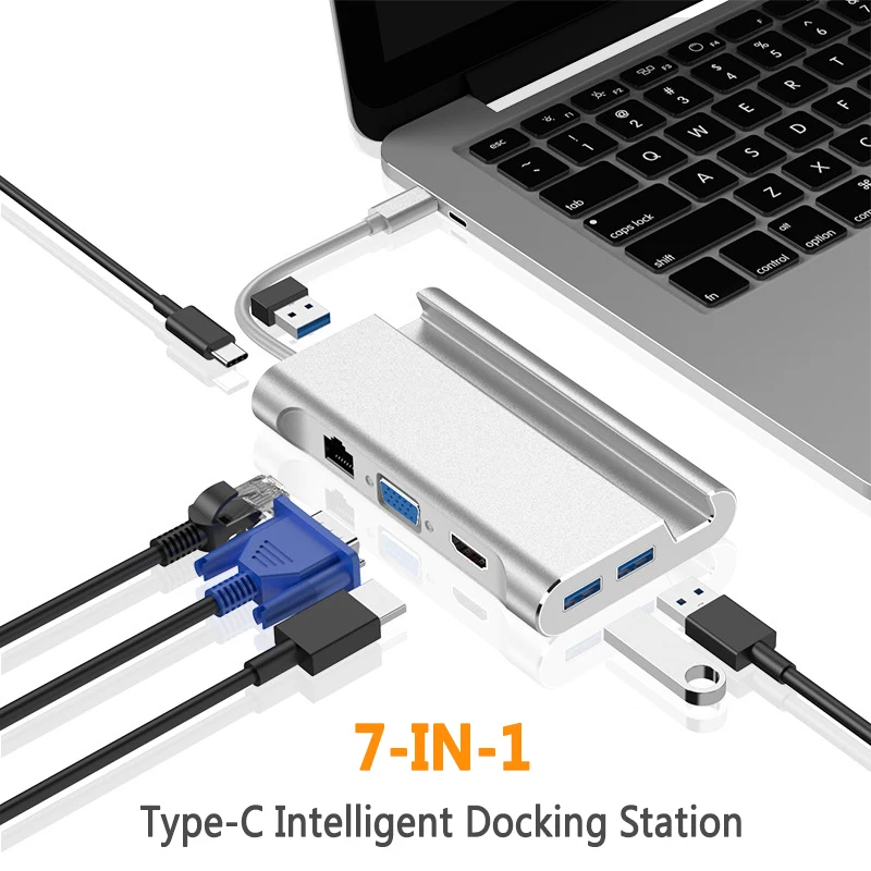 7in1 док станция USB Type C конвертер концентратор совместимому с HDMI VGA RJ45