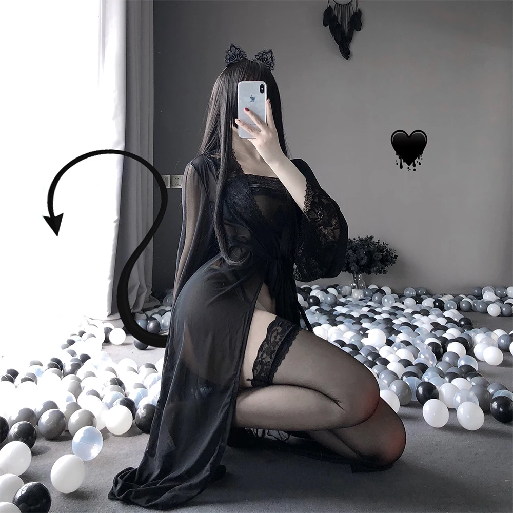 

Women Sexy Black Bathrobe Dress Nightdress Bellyband Pijamas Suit Sleepwear See-through Nightgown Lingerie Femme 3Pcs Set