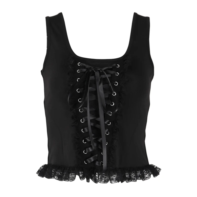 

2021Black Bandage Tank Tops Gothic Grunge Vintage Lace Women Tank Top Streetwear Sleeveless Sext Mesh Ruch Ruffle Tops