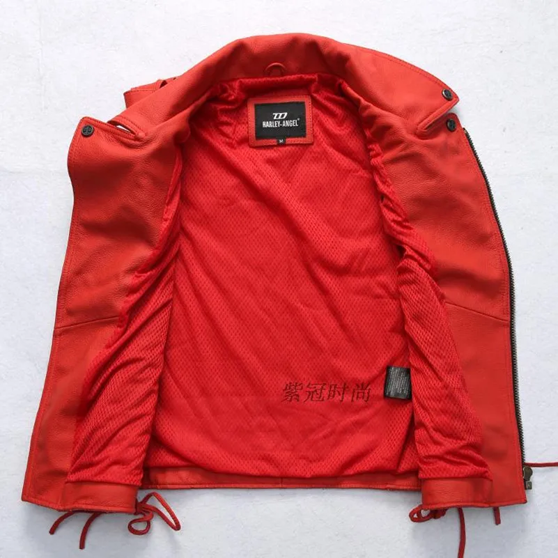 Натуральная мужская мода красная Регулируемая Талия приталенная кожаная куртка