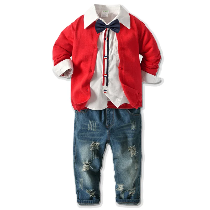 

Комплект одежды для мальчиков из 3 предметов, красный вязаный кардиган, белая рубашка с длинным рукавом, джинсовые брюки из денима, одежда дл...