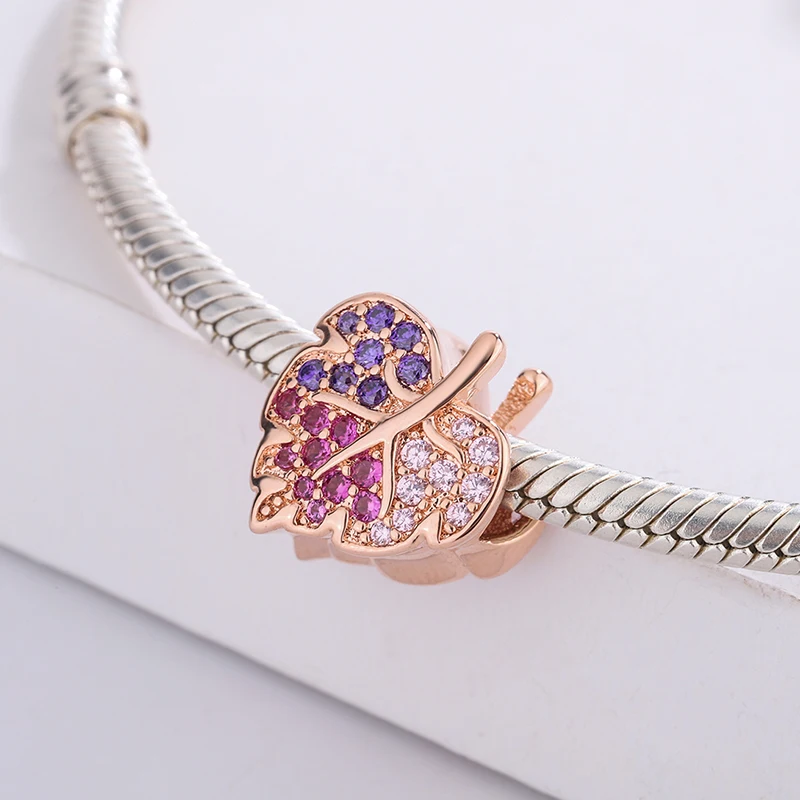 

925 Sterling Silver Rose Color Pave Zircon Heart Laurel Leaf Pendant Charm Bracelet DIY Jewelry Making For Original Pandora