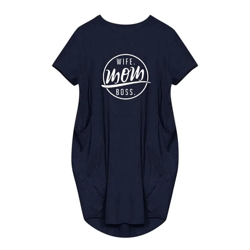 

Wife Mom Boss Letter Print Short Sleeve Dress Harajuku Women Pockets Clothing Dress Summer Plus Size Women Casual Pullover Dress