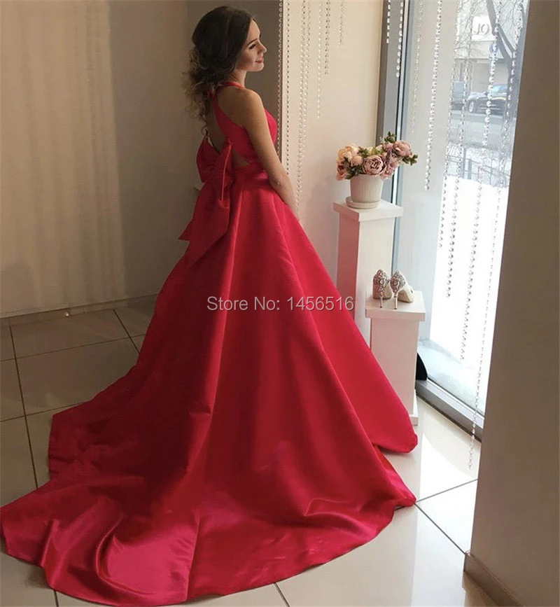 Modest Red Arabic Evening Dresses 2020 Deep V-Neck Corset Back with Bow A-Line Formal Party Gowns Sweep Train robe de soiree | Свадьбы и