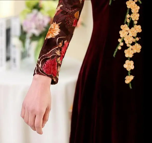 2020 зимнее бархатное платье трапециевидной формы женское с вышитыми цветами