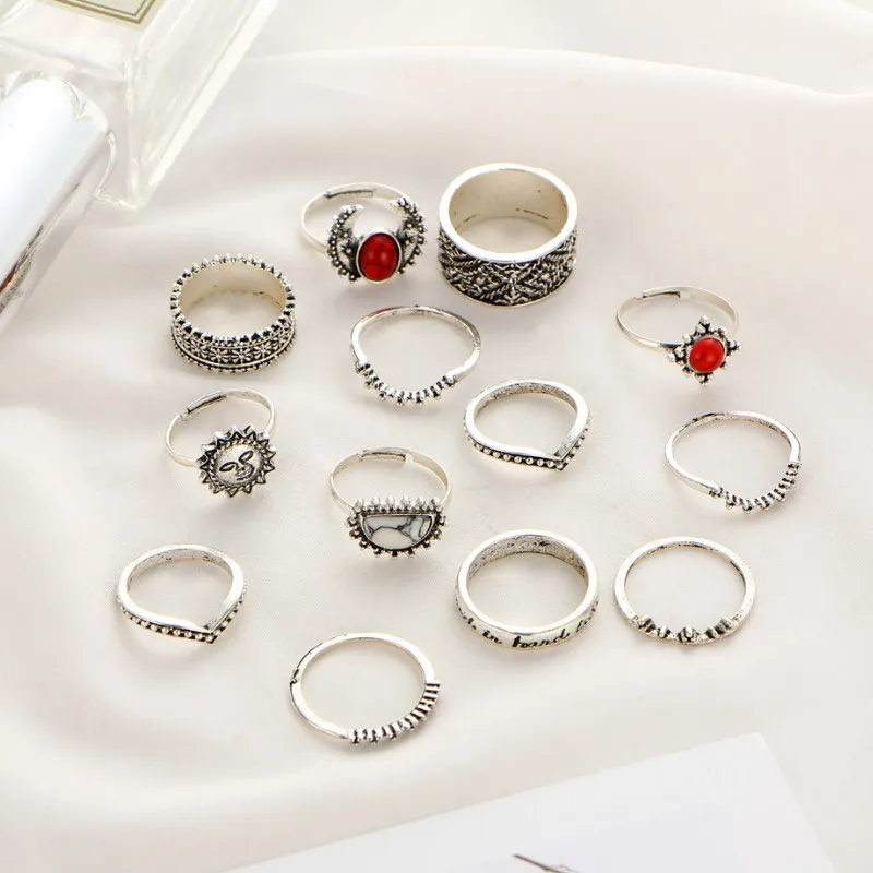 

Trendy Vintage Silver Carved Red Turquoise Carved 14-piece Rings Set for Women Girls Jewelry