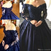 selling newest quinceanera dresses navy blue lace appliques long sleeves ball gowns off shoulder prom dresses special occasion