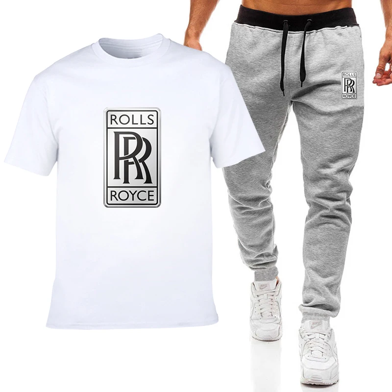 

2021 Summer Men's T-shirt Rolls Royce Logo Cotton Oversized Round Neck Short Sleeve Fitness Sports Pants Fashion Casual Wear Set
