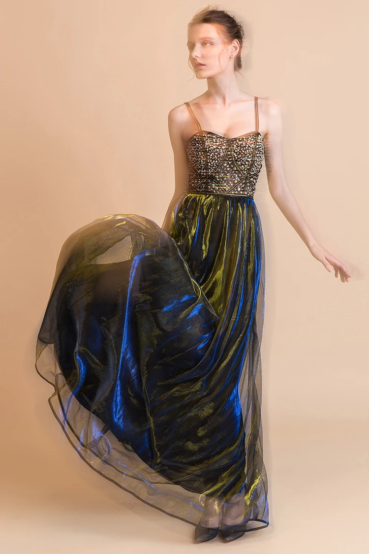 

Female Host Meeting Banquet Beatiful Dress Fashion Perspective Sequins Beading Sling Bra Elegant Cheongsam Dress Factory