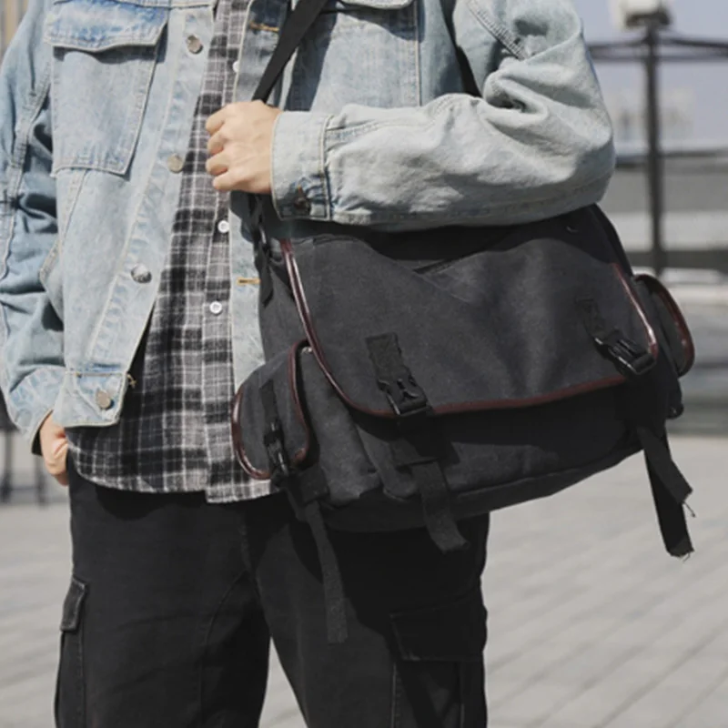 Холщовая вместительная сумка-мессенджер через плечо в стиле ретро для ноутбука