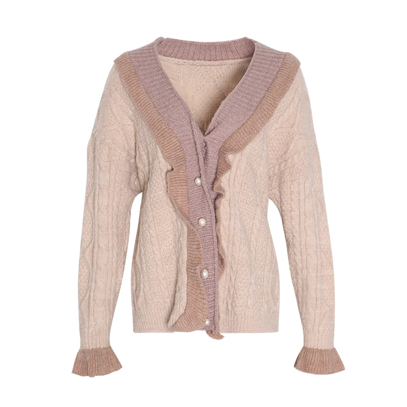 TWOTWINSTYLE Ruffles Patchwork Sweater For Women V Neck Flare Sleeve Cardigans Loose Elegant Sweaters Female Fashion Winter 2020 |