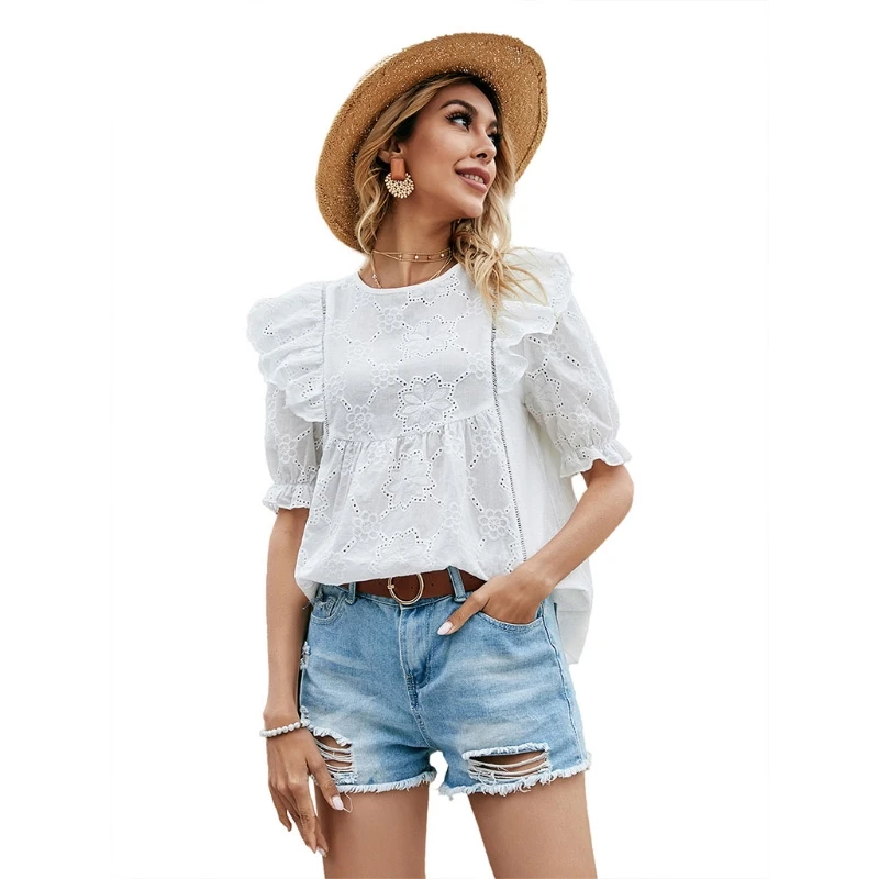 

Sweet Hollow Out Tops Women Casual Spring Summer Puff Sleeve Blouses Loose Fashion Pullover