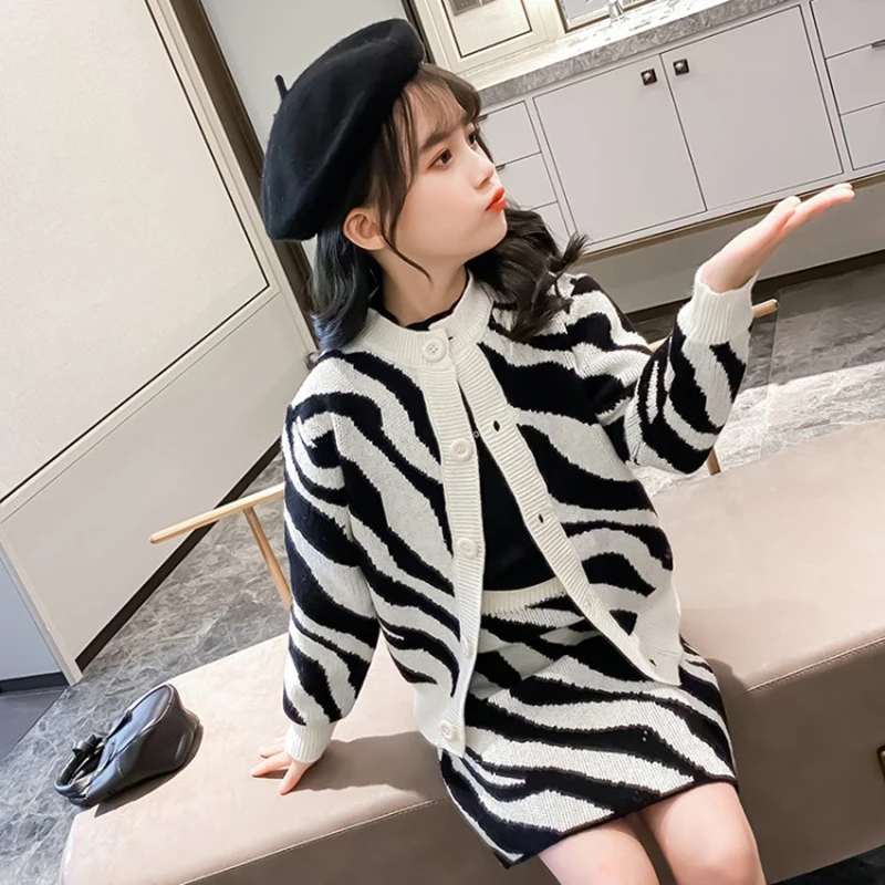 

Girls Clothing Set 2021 Autumn Knitted Cardigan Sweater Skirt Suit For Teen Long Sleeve Striped Children Costume Kids 10 12 Year