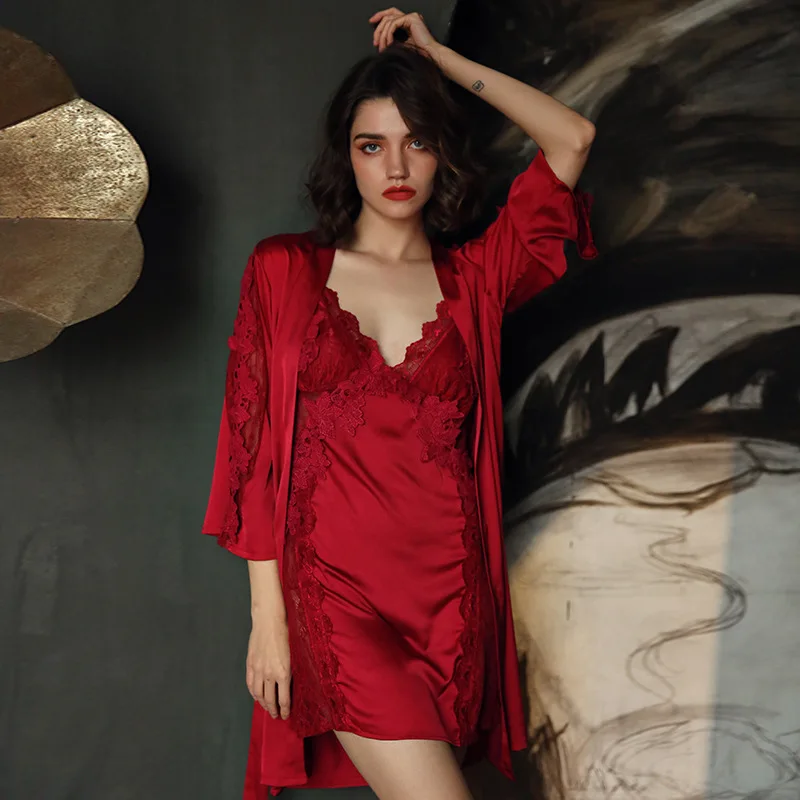 

Female Kimono Bathrobe Gown Home Clothing 2021 Summer New Sexy Intimate Lingerie Wedding Robe Set Satin Nightwear Sleepwear
