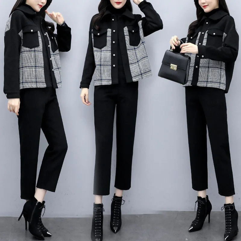 Женское шерстяное пальто из двух предметов клетчатая куртка с отстрочкой