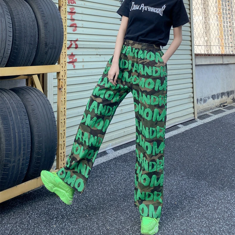 

SHENGPALAE Streetwear Green Letter Jeans Women's Spring Autumn 2021 New High Waist Fashion Denim Wide Leg Pants Female Tide 5C72