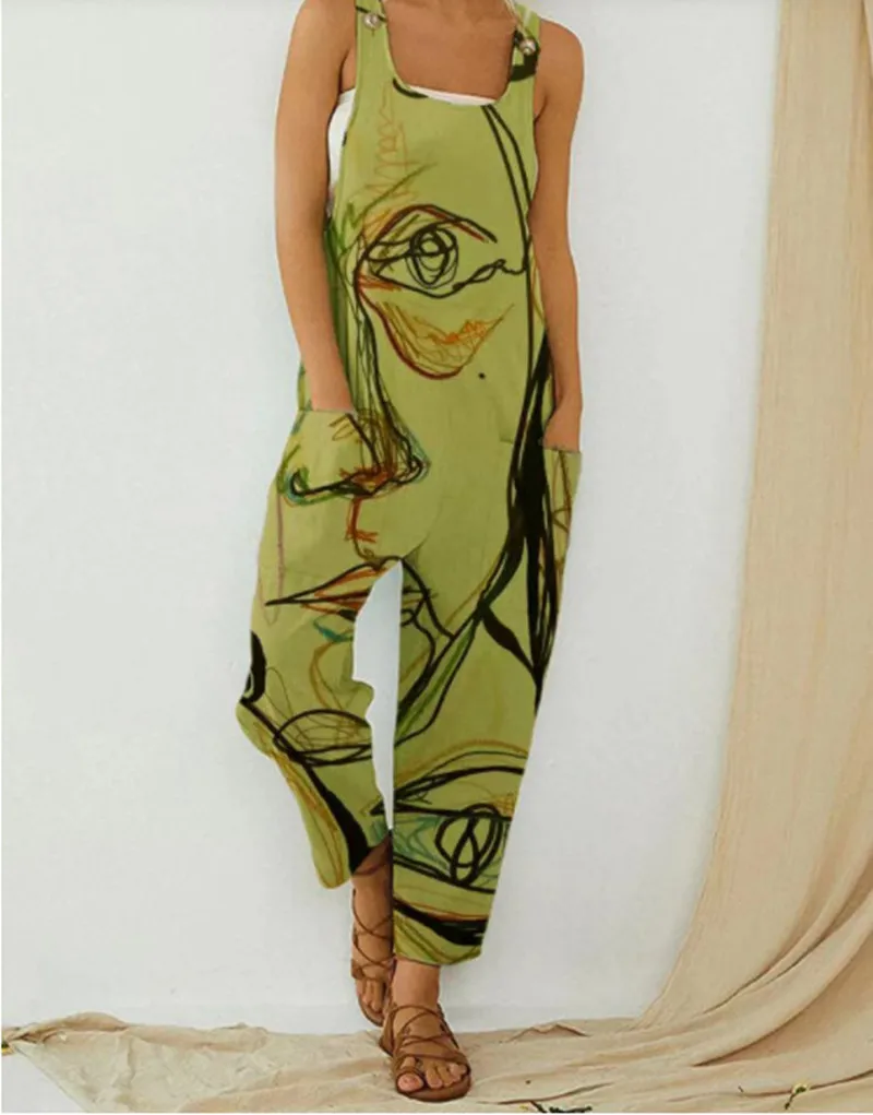 

Jumpsuit Women Wide Leg Vintage Printed Retro Plus Size Sleeveless Abstract Bib Bodycon Overalls Women Bodysuits