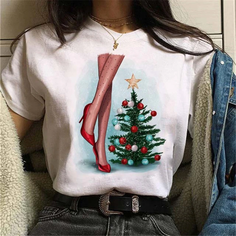 

Funny Girl Printed Christmas Female T Shirt Women Harajuku Vogue Graphic Tee Round Neck T Shirt Cute Loos White Top TShirts