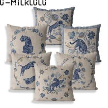 Housse de coussin décorative en lin, Vintage, Animal, tigre, fleurs, bleu, 45x45, 40x40, décoration de maison  (3)