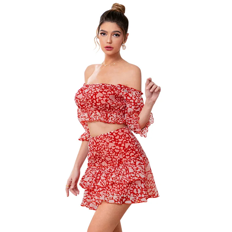 

2021 Summer New Women's Floral One-Shoulder Tube Top High Waist Skirt Ruffled Suit