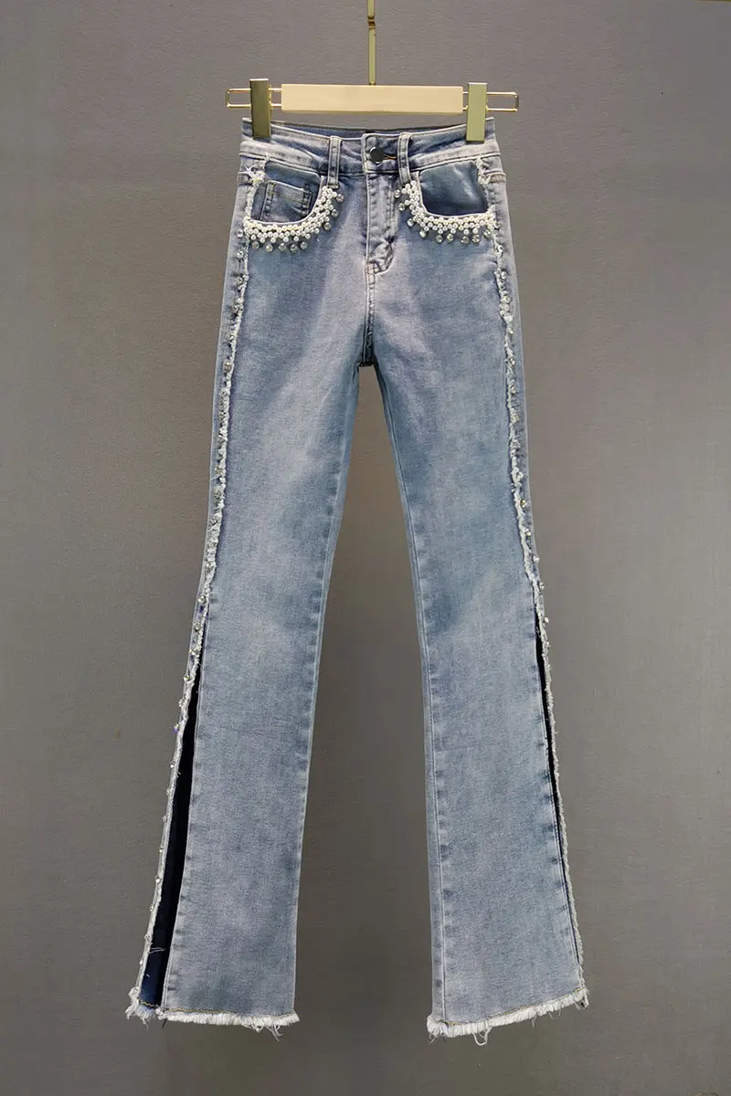 

Beaded Jeans for Women 2021 Spring Autumn New High Waist Slimming Bootcut Trousers Open Fork Street Jeans Pants Girls Jean