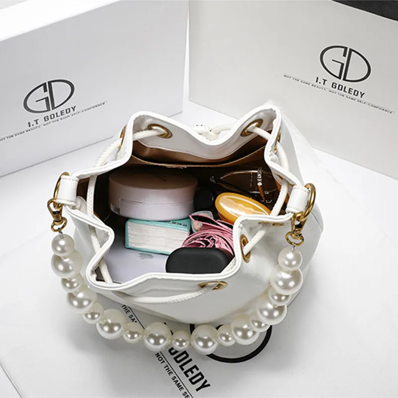 

Famous Luxury Brand 2021 New Fashion Ladies Pearl Chain Bucket Handbag High Quality Leather Messenger Shoulder Bag Sac Luxe Femm