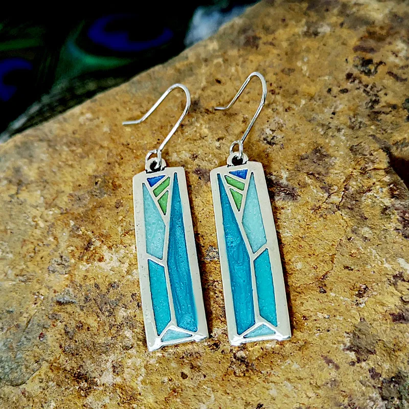 

2021 New Bohemia Vintage Long Rectangle Earrings For Women Boho Jewelry Sky Blue Color Opal Drawing Board 925 Silver Earring