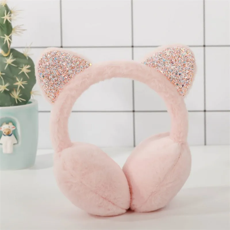 

Girls Sequins Cat Ears Plush Children Warm Earmuffs Winter Cold Students Earmuffs Ear Warmer Headware Head Accessories 2021 new