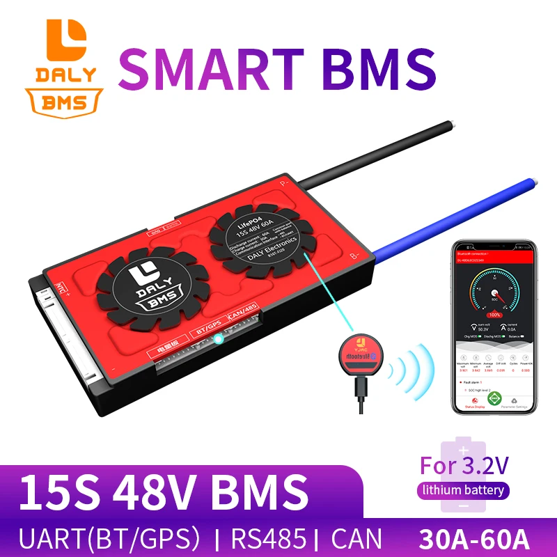 Daly 3 2 v 18650 smart BMS 15S 48V 30A 40A 60A Bluetooth 485 для USB устройства NTC UART программное обеспечение