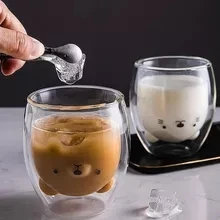 

Lovely Bear Double-layer Glass Tea Milk Coffee Cup with Round Mouth Prevent Scald Milk Mug Lady Valentine's Day Christmas Gift