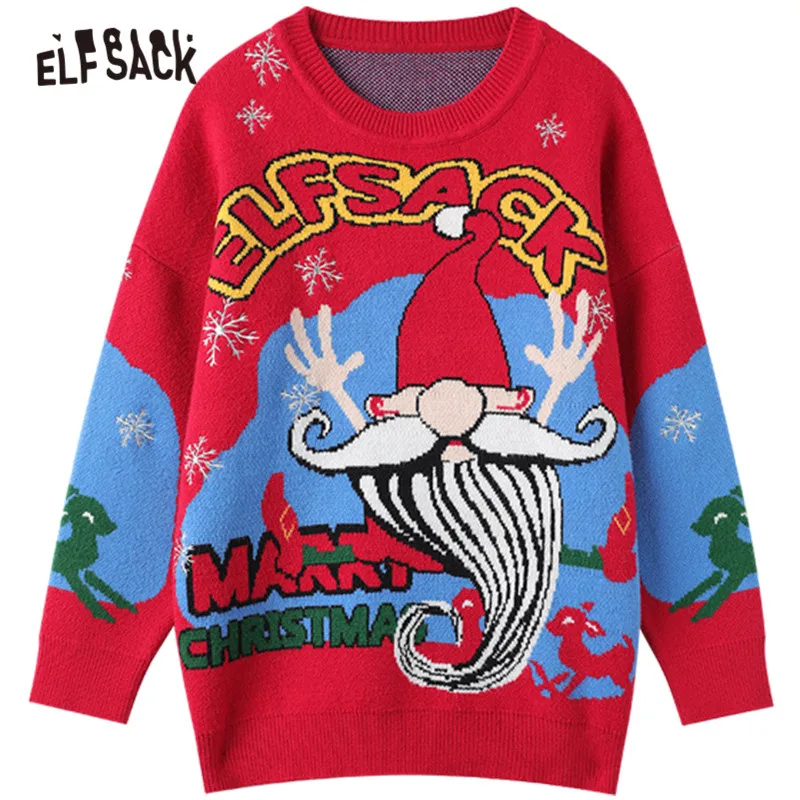 

ELFSACK Christmas Jacquard Casual Knit Pullover Women Sweaters,2021 Winter Vintage Full Sleeve,Korean Female Daily Cute Tops