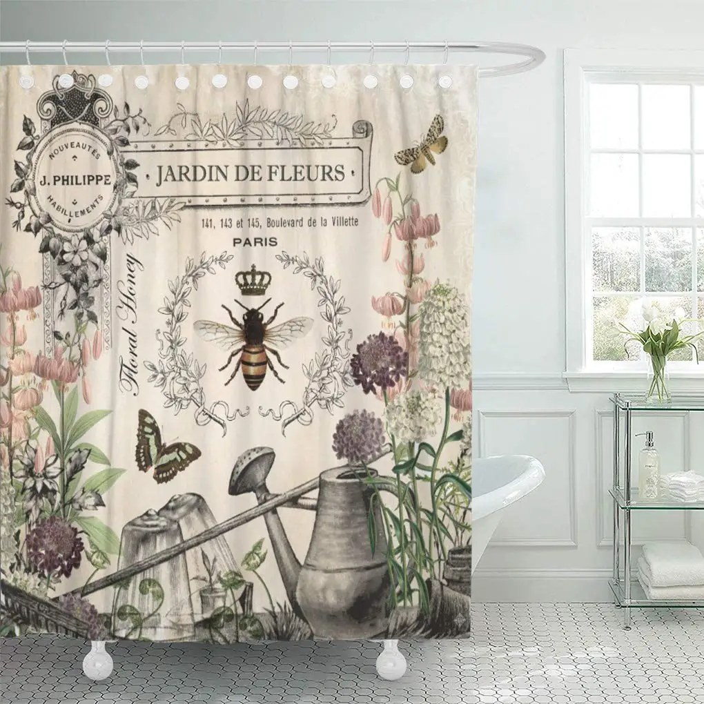 

Shower Curtain Modern French Bee Garden Vintage Queen Floral Watering Can 72"x72" Home Decor Waterproof Bath Bathroom Curtains