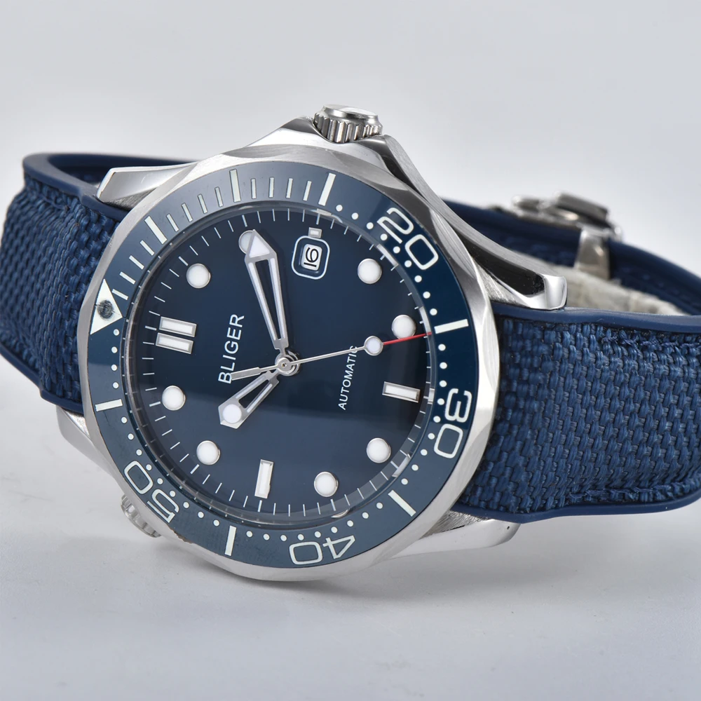 BLIGER41MM мужские спортивные часы с синим циферблатом синий ободок светящиеся