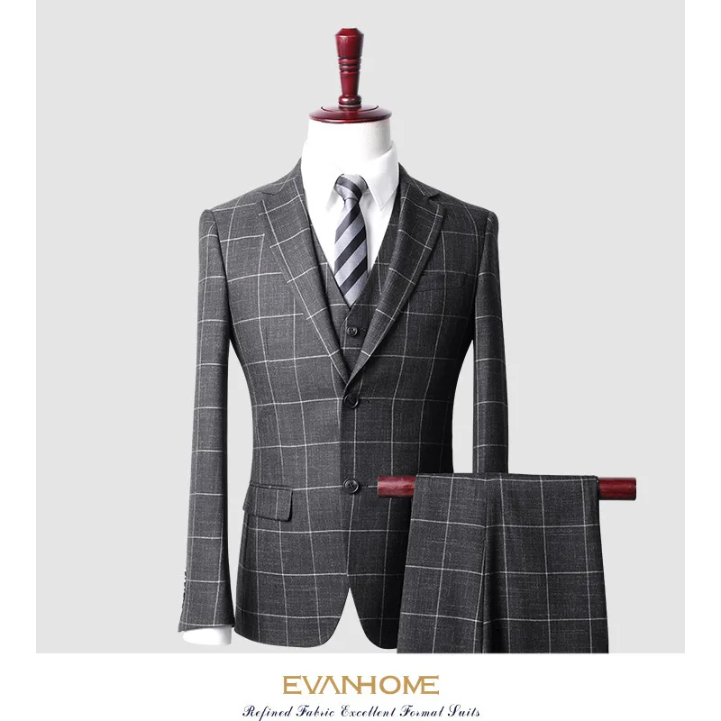 

Factory direct business casual men's suit three piece suit British Plaid slim fitting Korean suit men's suit