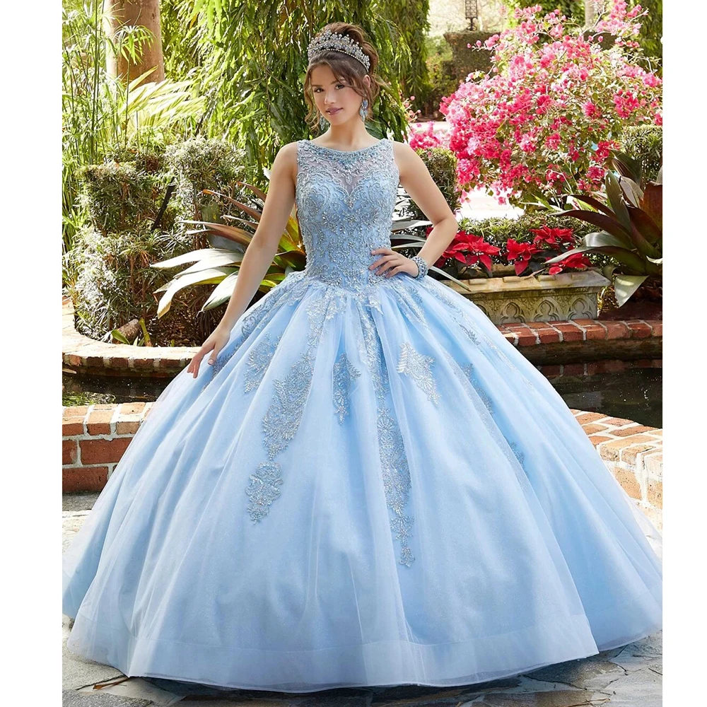 

Роскошное светло-голубое платье принцессы Quinceanera 16 дюймов 2021 платья со шнуровкой на спине и бусинами из кристаллов 15 лет