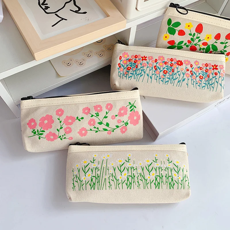 

Japanese Kawaii Canvas Pencil Cases Fresh Style Pencil Bag Small Flowers Pen Bags Simple Stationery Student School Supplies