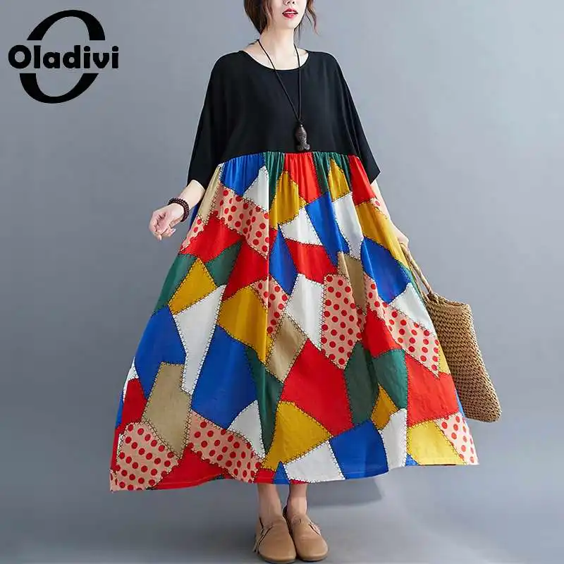 

Oladivi Oversize Oversize Women Fashion Print Patchwork Summer Dress Ladies Casual Loose Long Dresses Tunics Vestidios 8XL 7XL