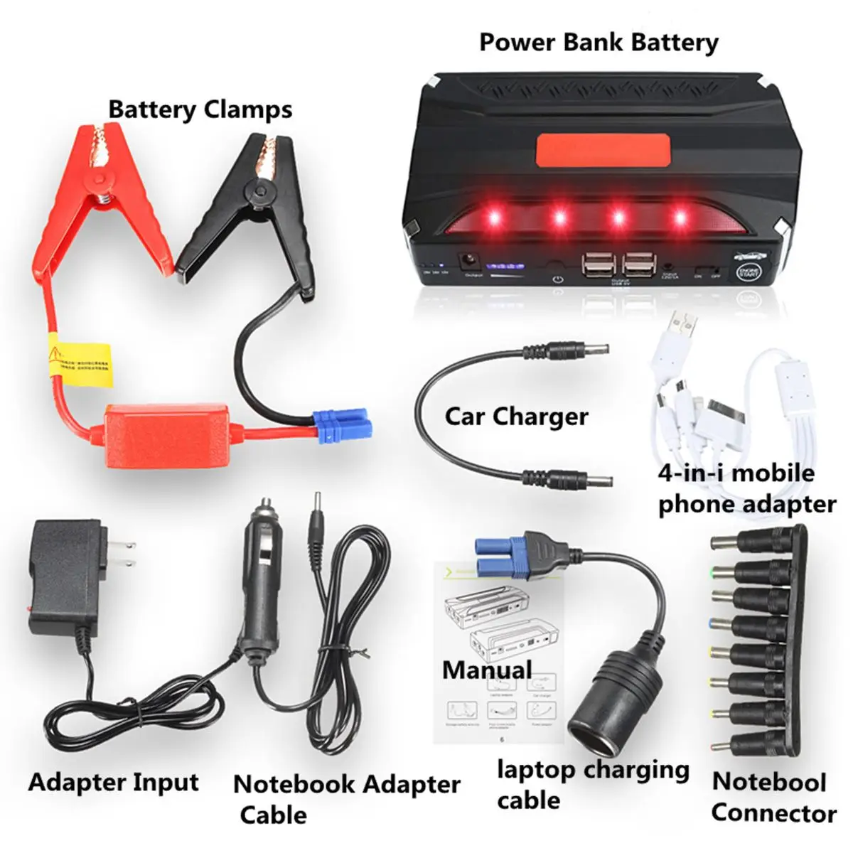 12v 69800mah car jump starter emergency start over current protected battery 4 usb power bank led w smart clip free global shipping