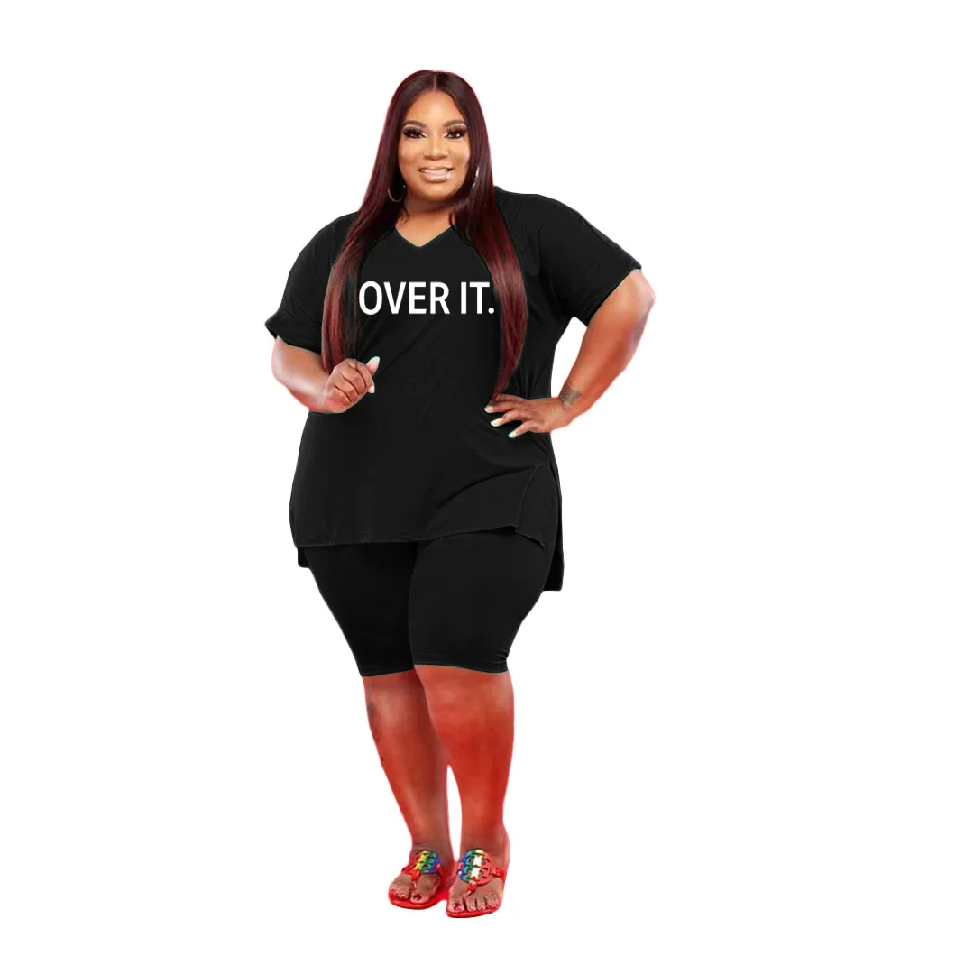 

Женский костюм-двойка с буквенным принтом, повседневный костюм большого размера 3xl, 4xl, 5xl с V-образным вырезом, лето размера плюс