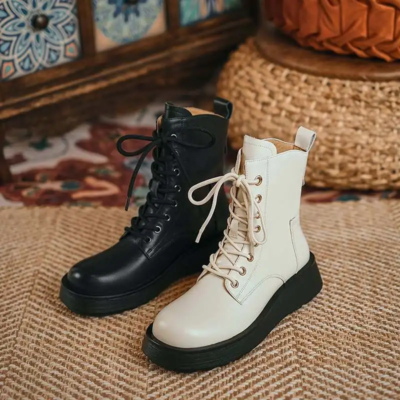 Online Sepatu Bot Sekolah Inggris Barat Kasual Ujung Kaki Bulat Kulit Sapi Panci Krazing Sepatu Bot Pergelangan Kaki Bagian Bawah Tebal Tetap Terikat Silang Renda