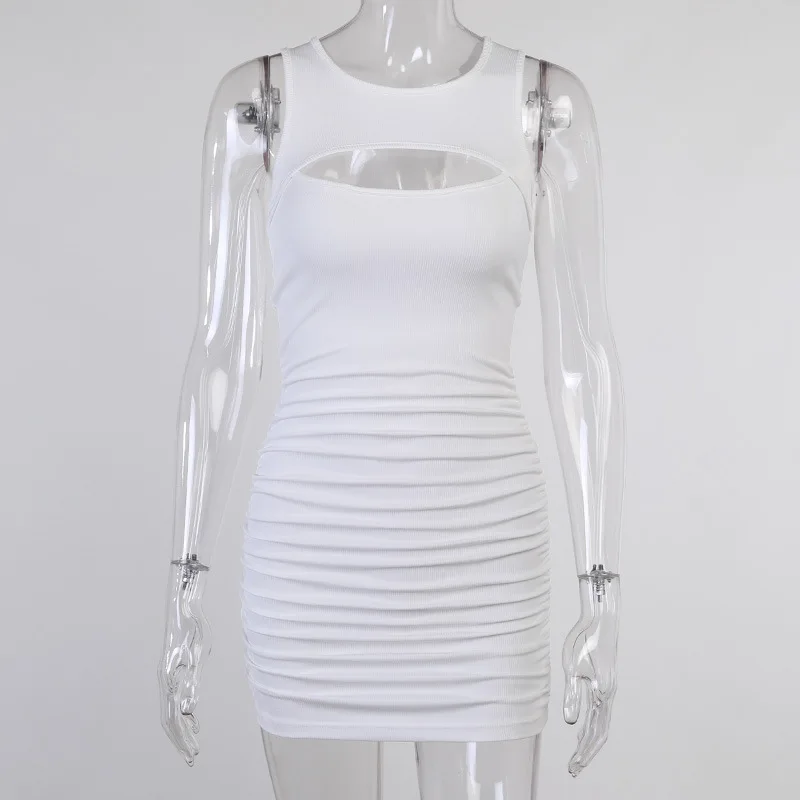 

Summer Breasted Hollow Dress Female 2021 Sexy Elegant Casual Retro Bodycon Cotton White Vest Skirt Hollow Pleated Skirt
