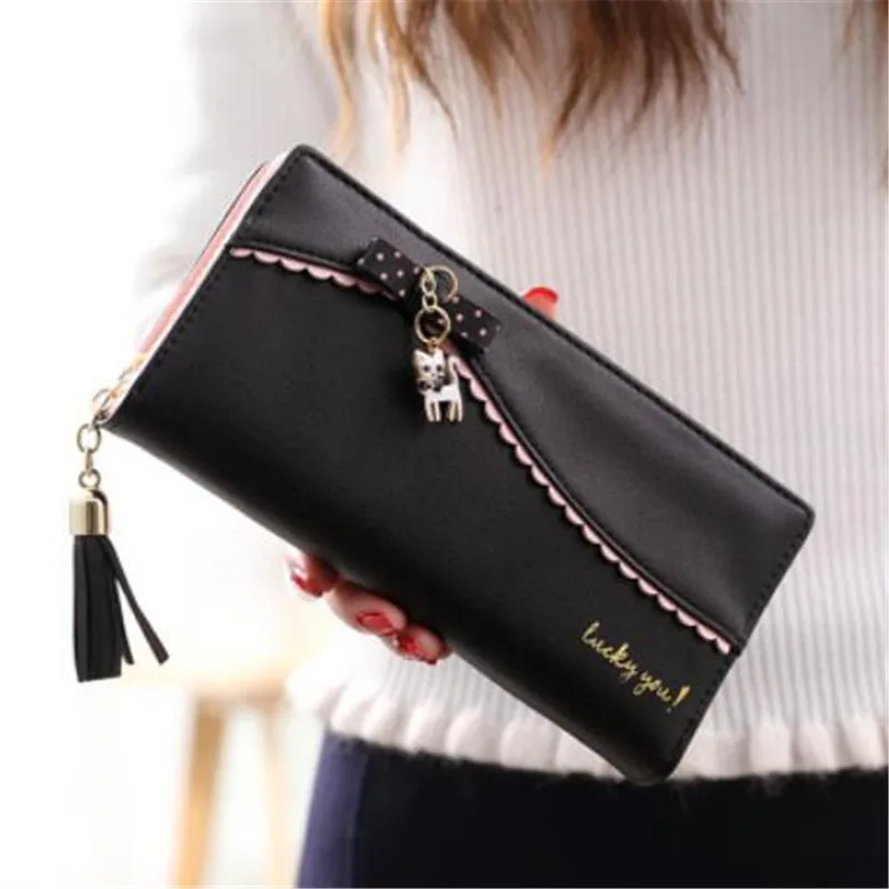 

PU Leather Long Wallet Women Card Holder Purse Sweet Bow Cute Cat Pendant Tassel Ladies Clutch Phone Money Coin Bag Portemonnee