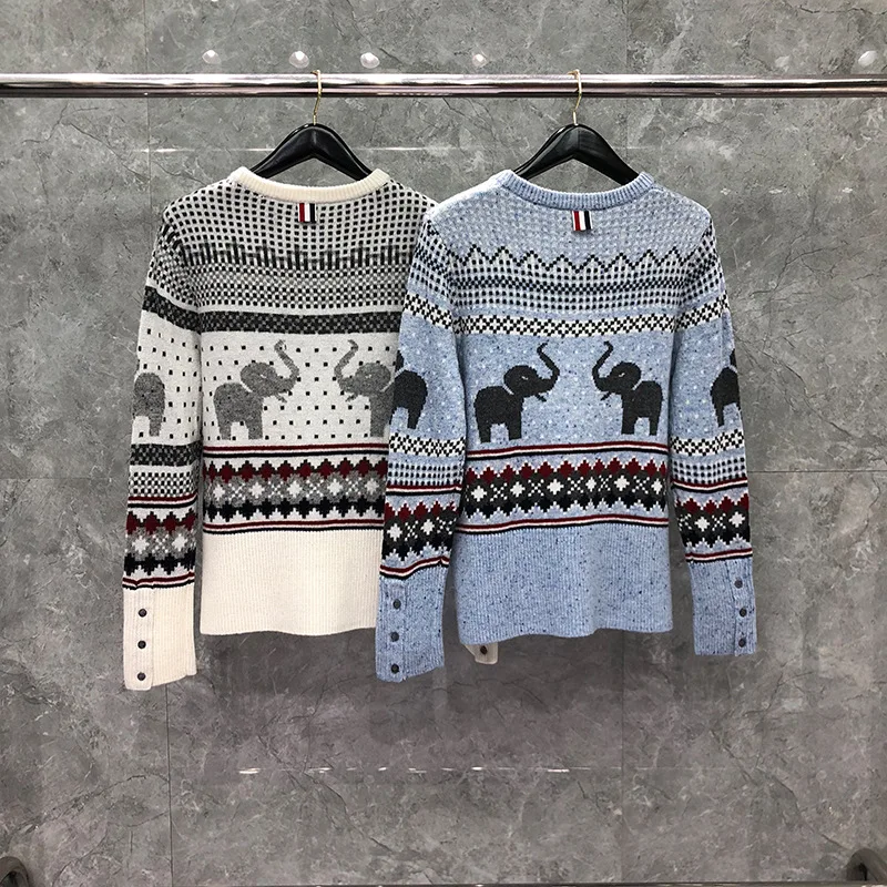

Fashion TB 2021 THOM Brand Sweaters Women Loose O-Neck Pullovers Clothing Elephant Pattern Striped Wool Thick Winter Casual Coat