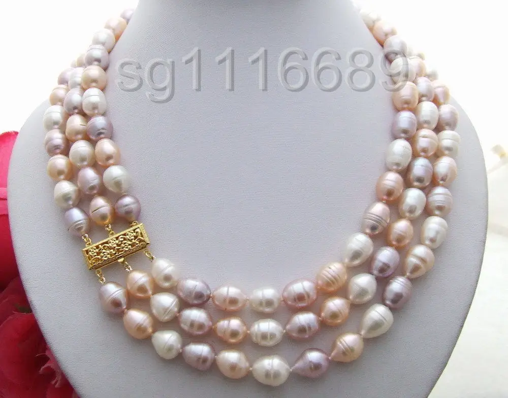 

9-10 MM 3 strds natural freshwater Cultured multi colors rice Necklace