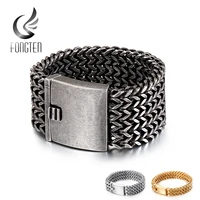 fongten mesh link chain bracelet men punk vintage metal stainless steel mens wrist band charm wide bracelets jewelry
