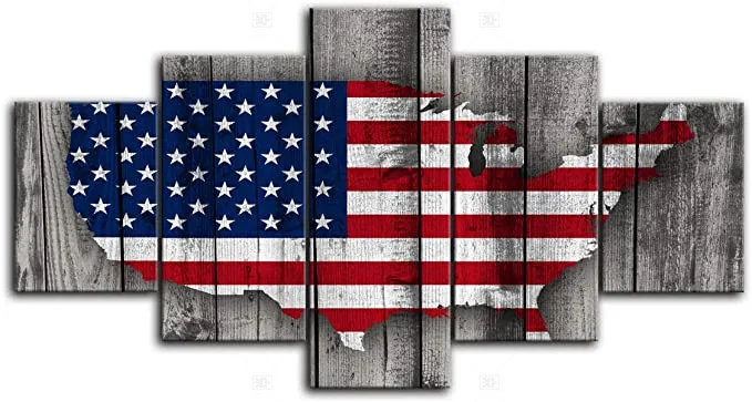 

5 Panel Large Vintage American Flag Canvas Print Art Black And White Red Home Decor Wall Art Independence Day Photo Living Room