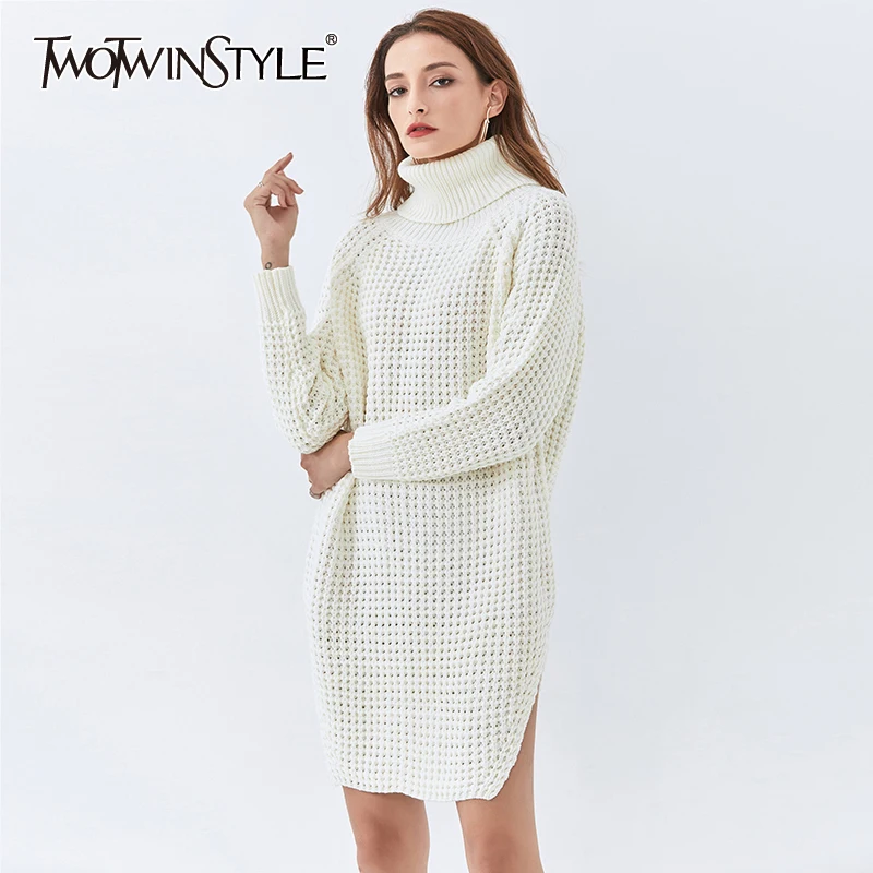 

TWOTWINSTYLE Knitted Sweater For Women Turtleneck Long Sleeve Loose Oversized Thick Pullovers Sweaters Female 2021 Winter New