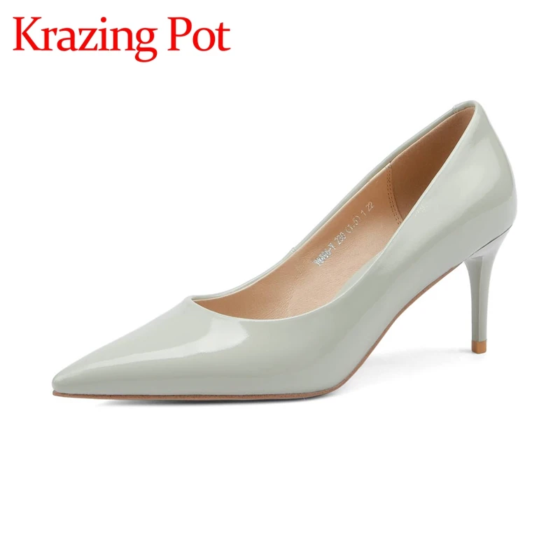 

Krazing Pot handmade patent leather shallow shoes pointed toe thin high heels concise fairy sweet princess style women pumps l55