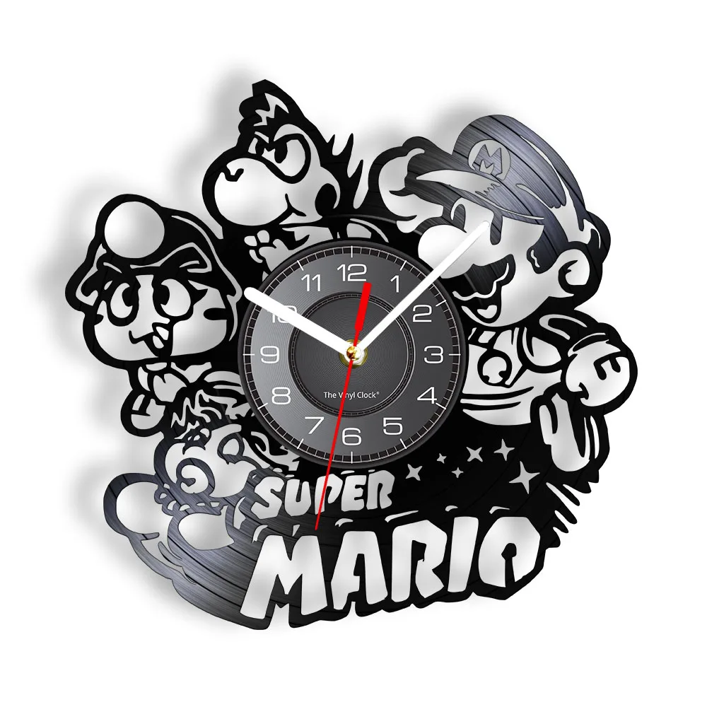 Classic Video Game Inspired Vinyl Record Clock Cartoon Character Gaming Home Decor Wall Watch Game Room Kids Artwork Timepieces