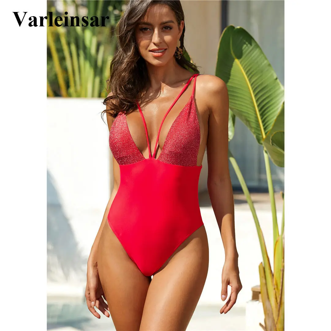 Купальник женский блестящий с треугольным вырезом перекрестной спинкой для